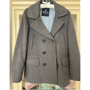 Men's Façonnable $$$ Gray Pea Coat L with Blue Striped Lining